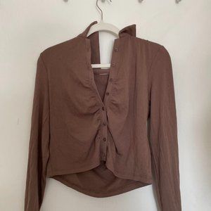 Abercrombie Long-Sleeve Ruched Polo Top - taupe brown